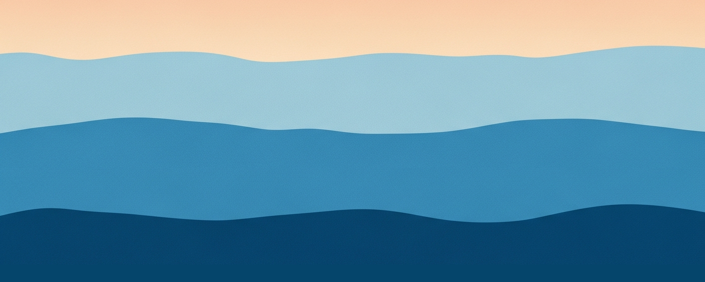 A horizontal composition: a peach dawn sky above three layered wavy bands of progressively darker blue, suggesting the three layers of an AI stack.